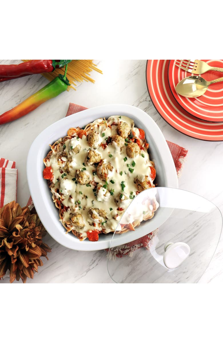 Gibson Elite Gracious Dining 1.9 Quart Stoneware Casserole with Glass Lid, Alternate, color, White