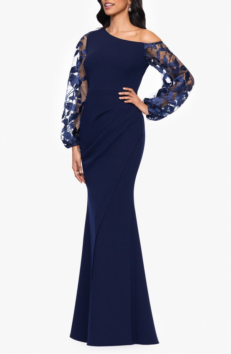 Betsy & Adam Embroidered Long Sleeve One-Shoulder Scuba Crepe Gown, Alternate, color, Navy