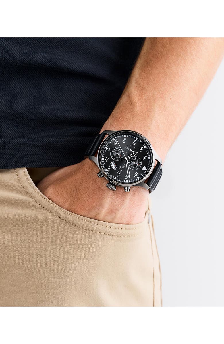 Ted Baker Fulmaar Chronograph Leather Strap Watch, 44mm, Alternate, color, Black