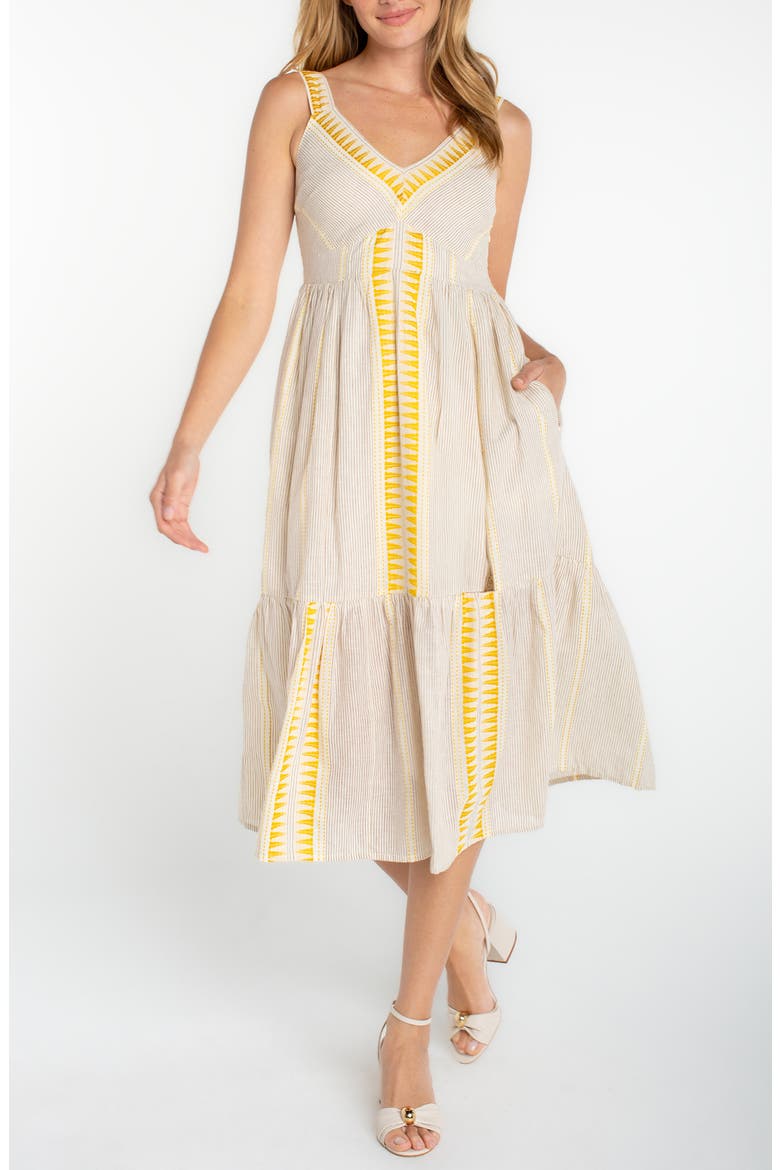 Embroidered Sleeveless Midi Dress, Main, color, CREAM BROWN STRIPE