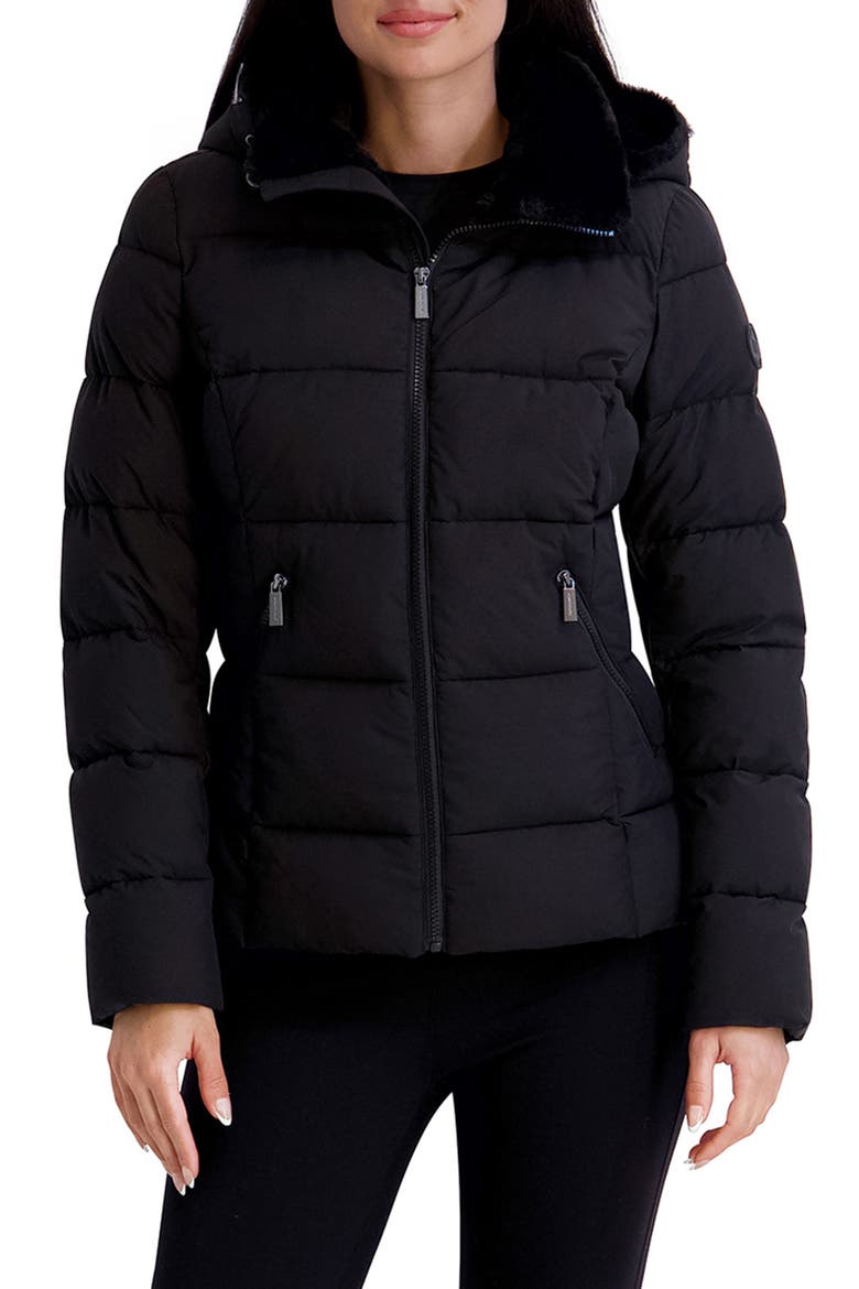 Water Resistant Hooded Faux Fur Lined Puffer Jacket, Main, color, BLACK