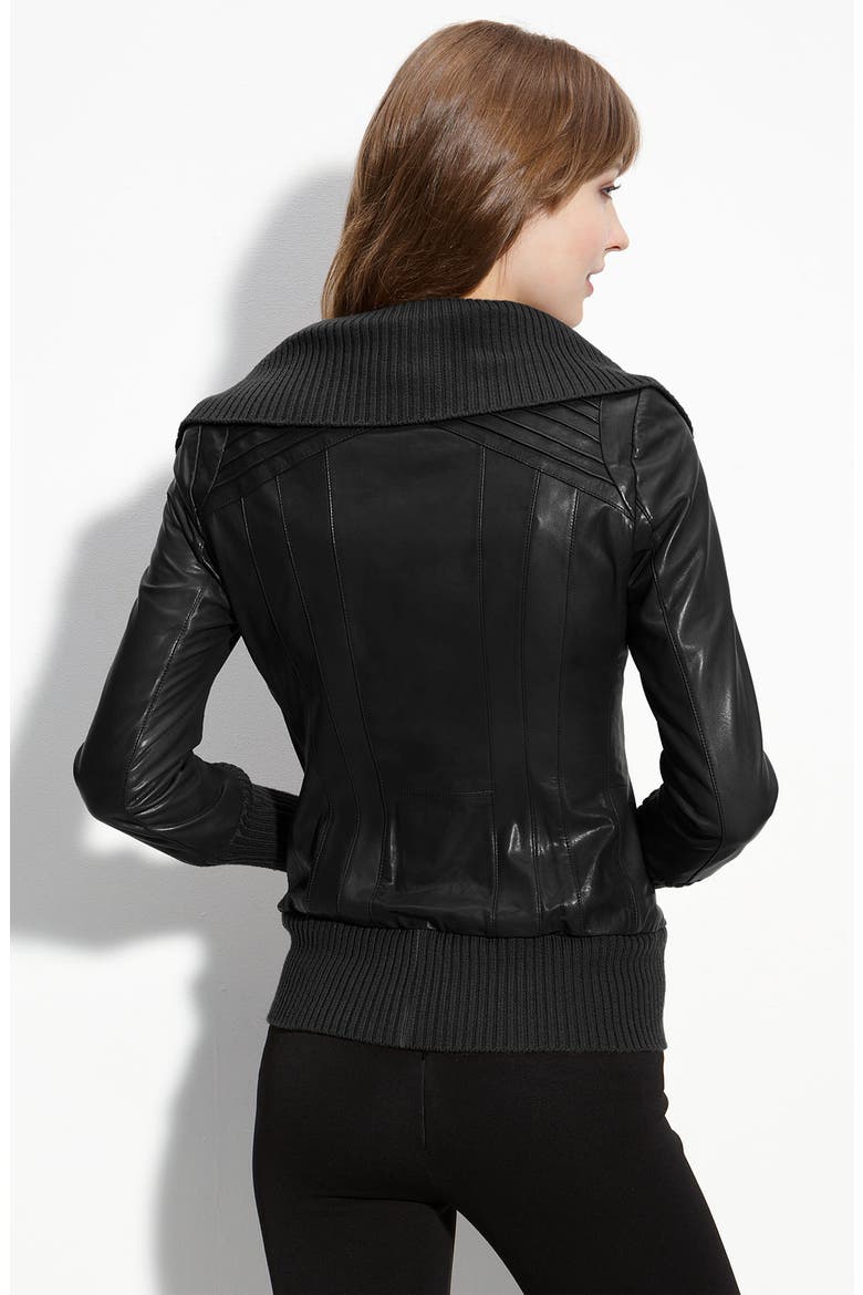 Knit Trim Lambskin Leather Bomber Jacket, Alternate, color, BLACK