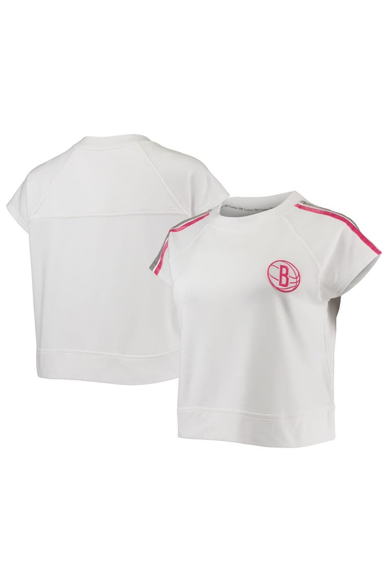 Women's Lusso White Brooklyn Nets Margot Cropped Tri-Blend Cap Sleeve Sweatshirt, Main, color, White