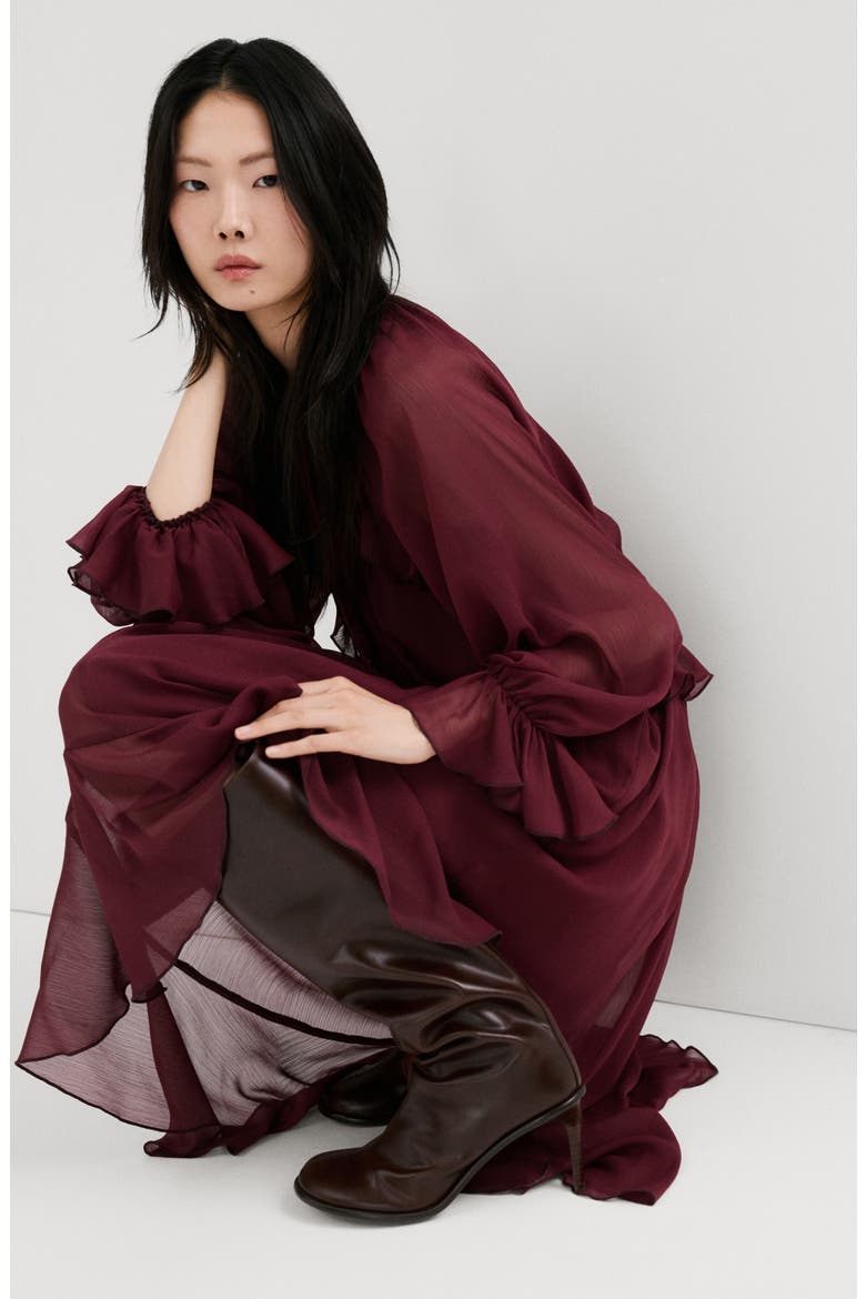 Ruffle Detail Long Sleeve Dress, Alternate, color, BURGUNDY