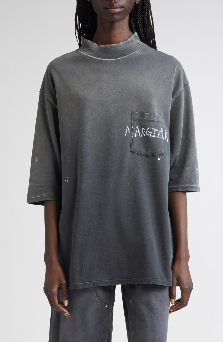 Maison Margiela Graffiti Logo Paint Splattered Pocket T-Shirt, Main, color, Washed Black