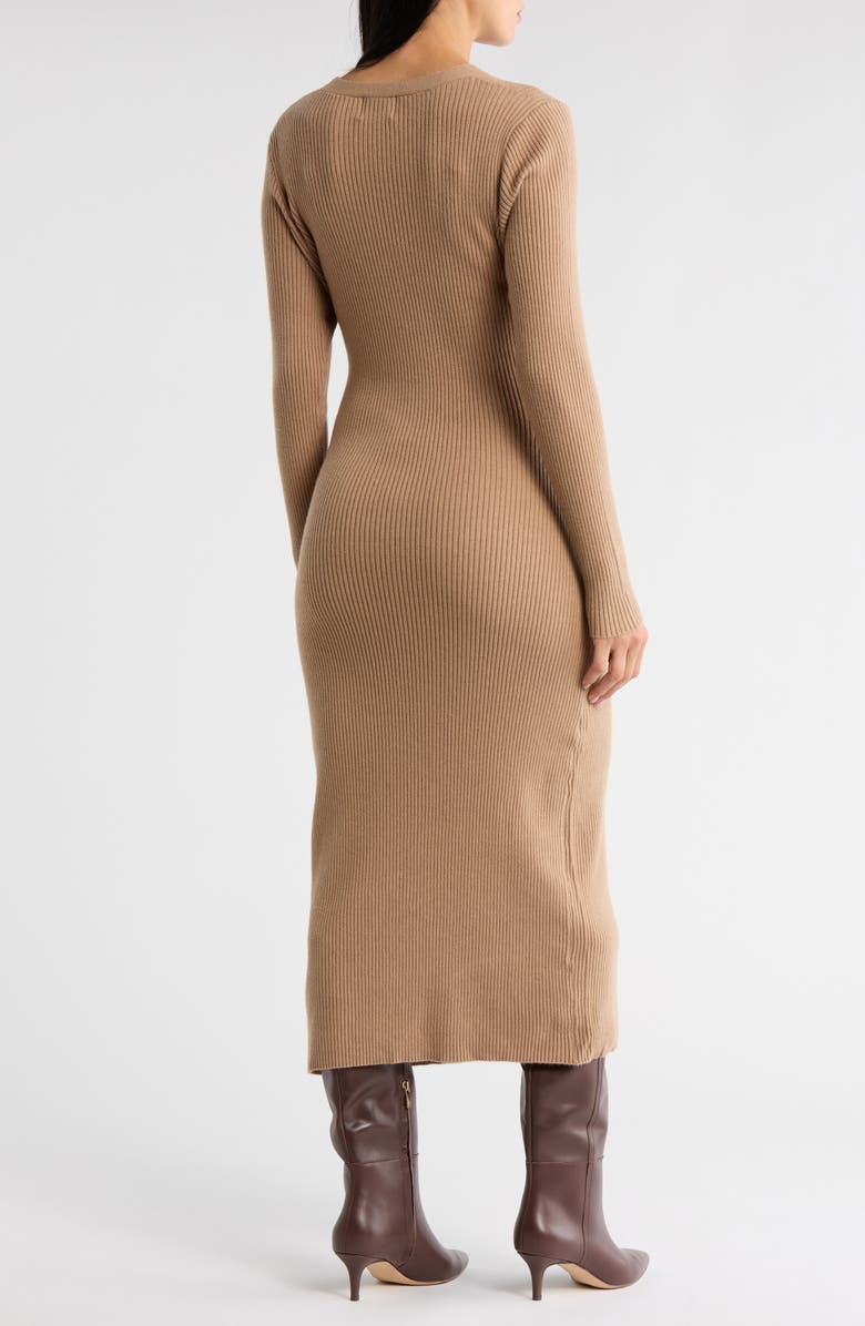 FRNCH Margaux Waist Tie Long Sleeve Rib Sweater Dress, Alternate, color, Camel