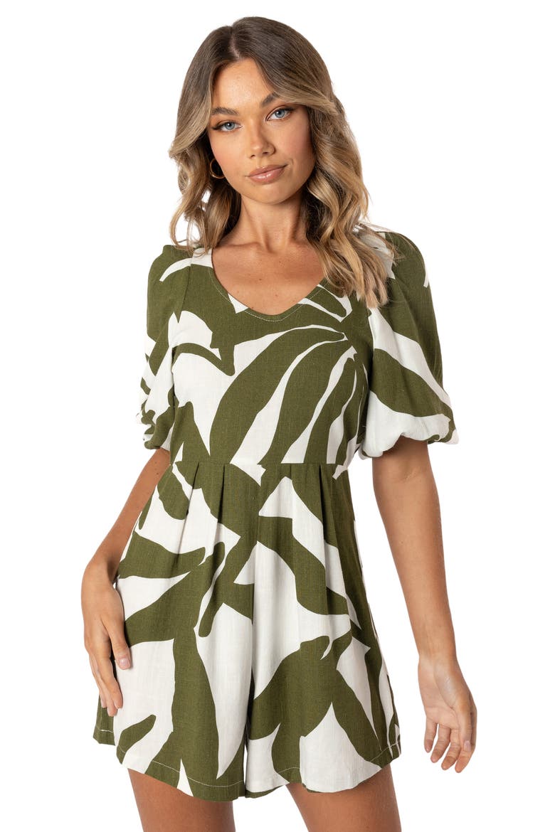 Matilda Print Puff Sleeve Cotton & Linen Romper, Alternate, color, OLIVE PALM