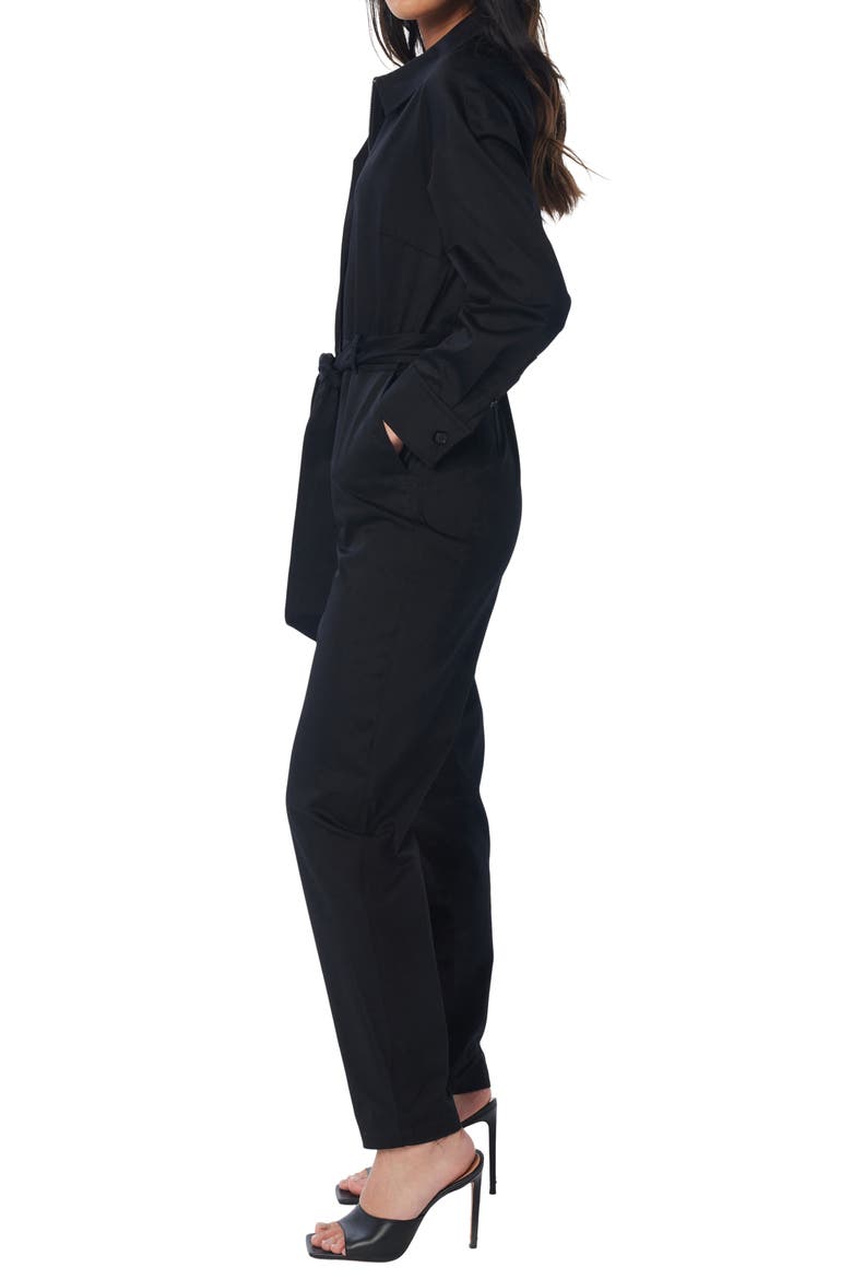 Born Free Half-Zip Long Sleeve Belted Stretch Cotton Jumpsuit, Alternate, color, BLACK