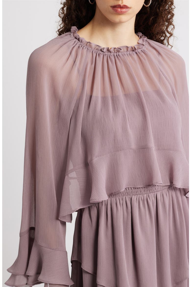 Tiered Ruffle Chiffon Cape Dress, Alternate, color, MAUVE