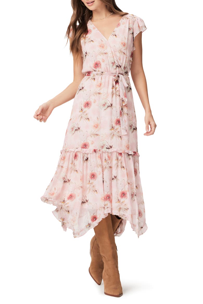 Terrazza Floral Handkerchief Hem Silk Midi Dress, Main, color, BLTSLPRMLT