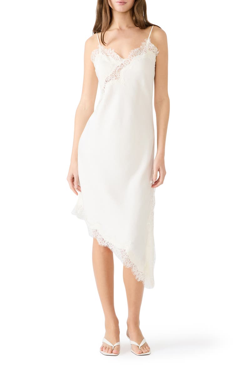 Danna Lace Trim Asymmetric Slipdress, Main, color, CREAM