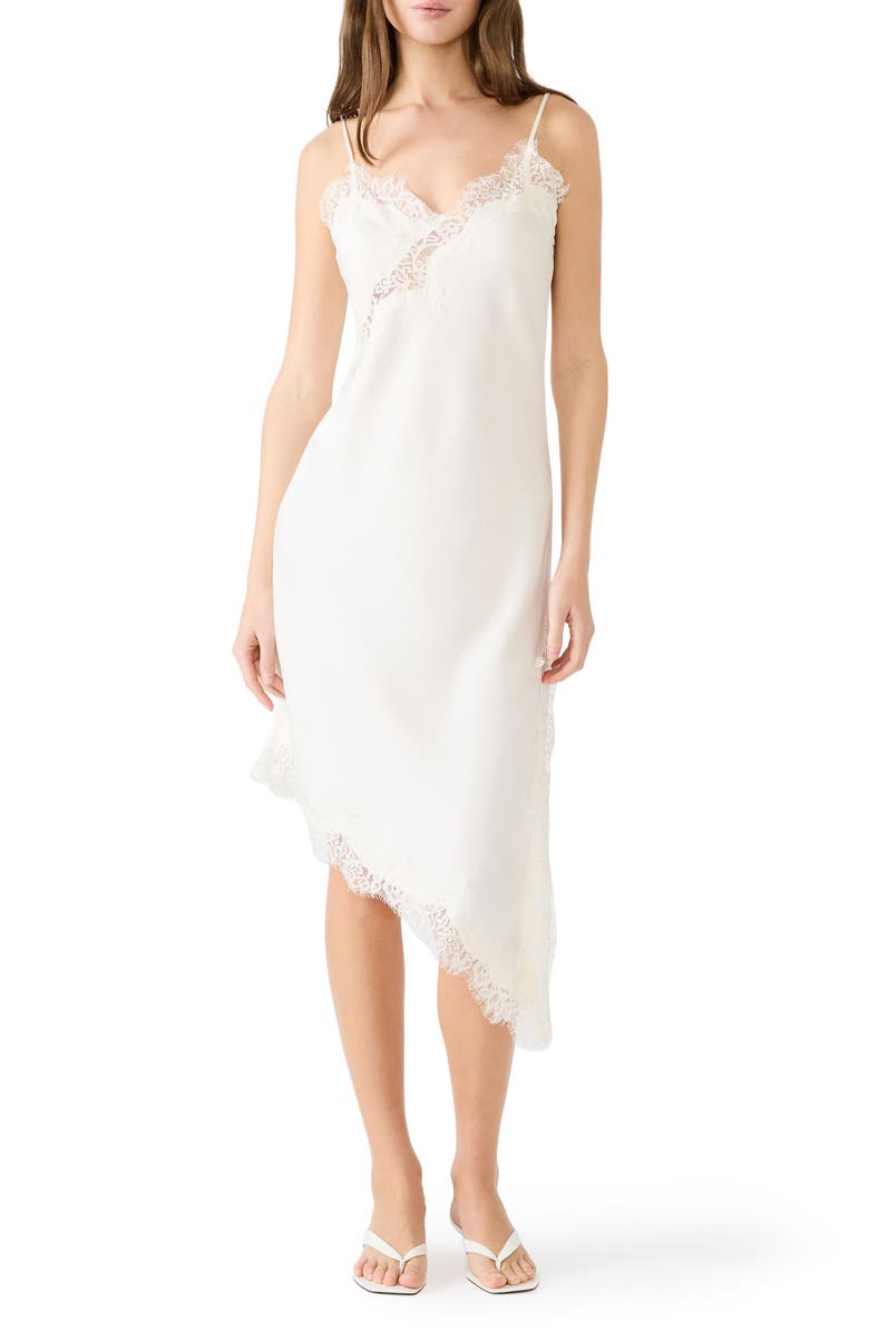 Steve Madden Danna Lace Trim Asymmetric Slipdress, Main, color, Cream