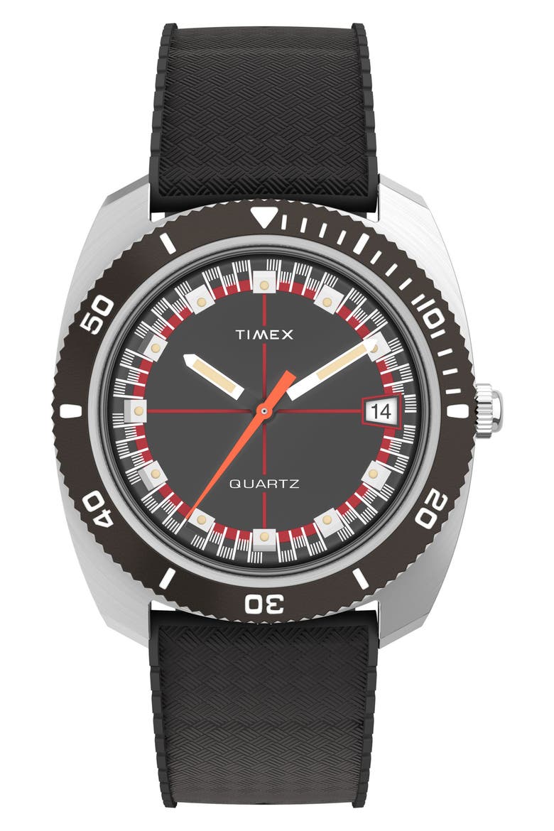 Q Timex Reissue 1971 Velocity Rubber Strap Watch, 36mm, Main, color, BLACK