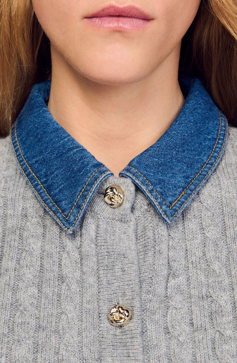 SANDRO Cardigan with detachable denim collar, Alternate, color, Grey