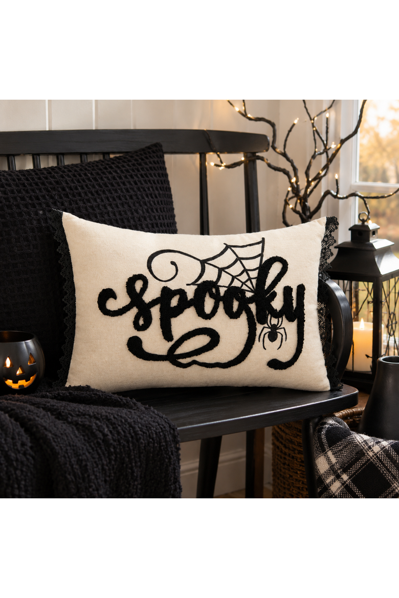 "Spooky" Spider Web Halloween Lumbar Accent Pillow 14" x 22", Alternate, color, Beige