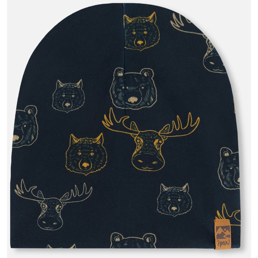 DEUX PAR DEUX DEUX PAR DEUX BOY'S PRINTED BEANIE HAT BEIGE ANIMALS ON BLACK BACKGROUND