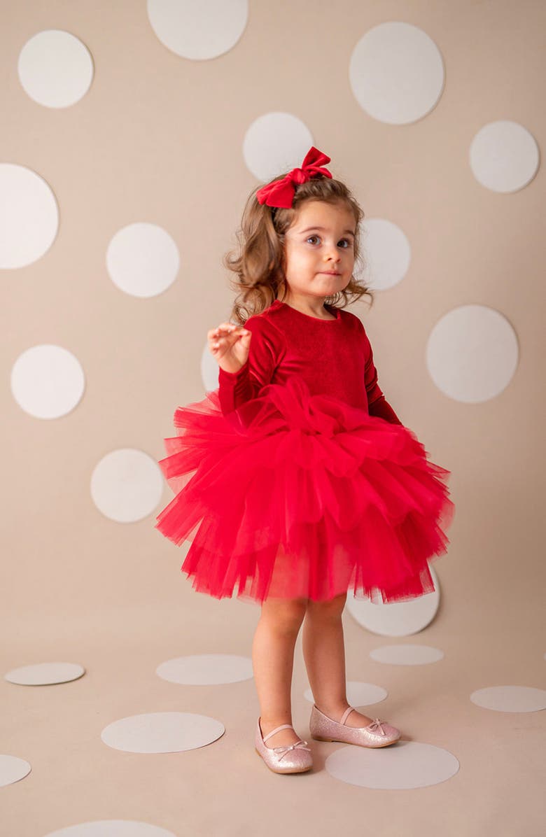 Mini Celebrities Cherry Long Sleeve Velvet Tutu Dress, Alternate, color,
