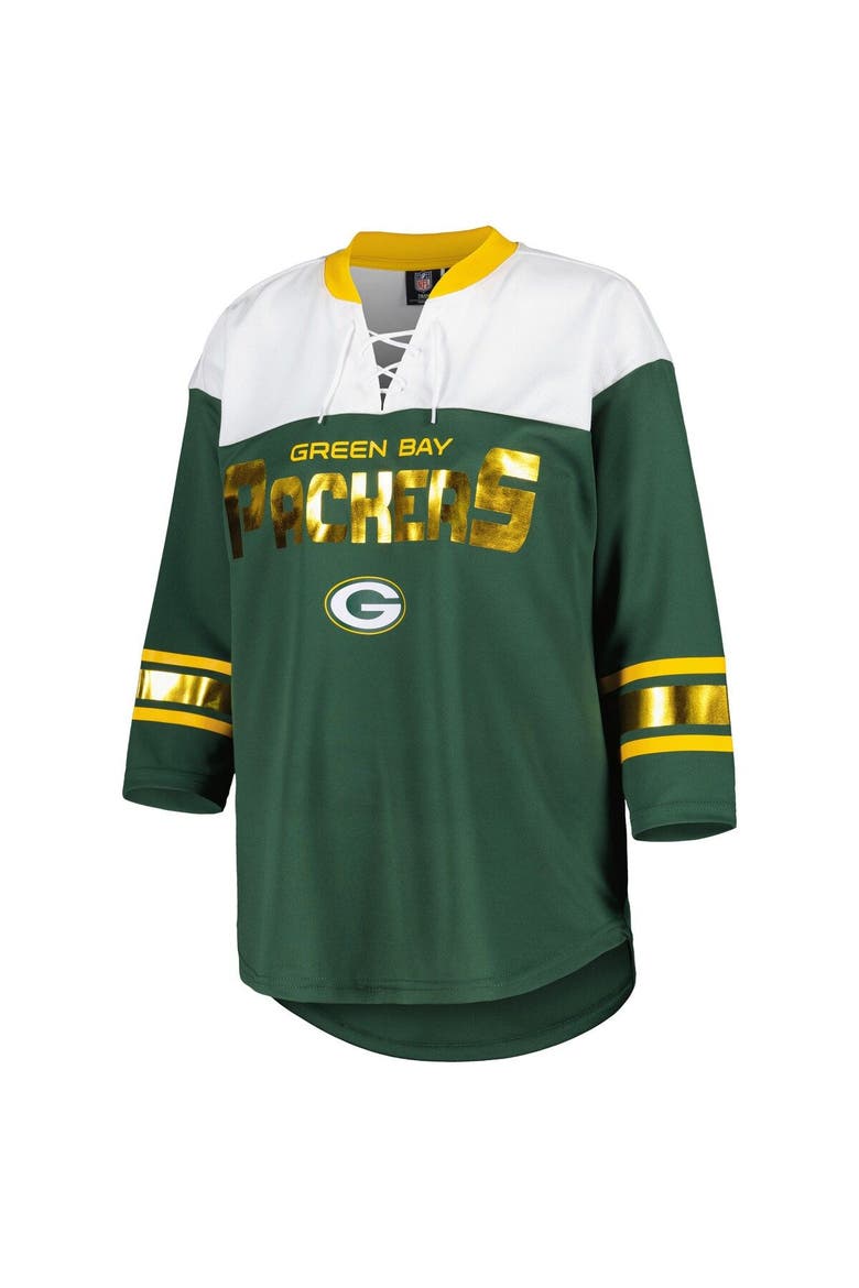 Women's G-III 4Her by Carl Banks Green/White Green Bay Packers Double Team 3/4-Sleeve Lace-Up T-Shirt, Alternate, color, Green