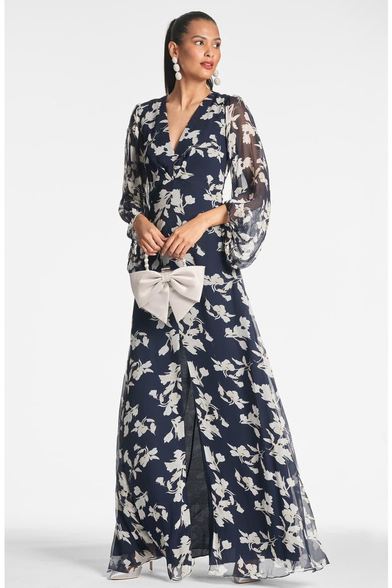 Jenny Floral Balloon Sleeve Gown, Alternate, color, NAVY VENETIA PETAL