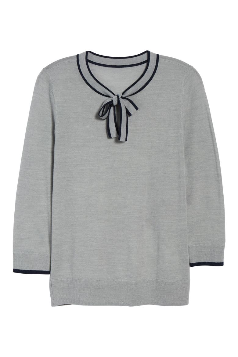 Tipped Tie Neck Wool Blend Sweater, Alternate, color, GREY HEATHER- NAVY
