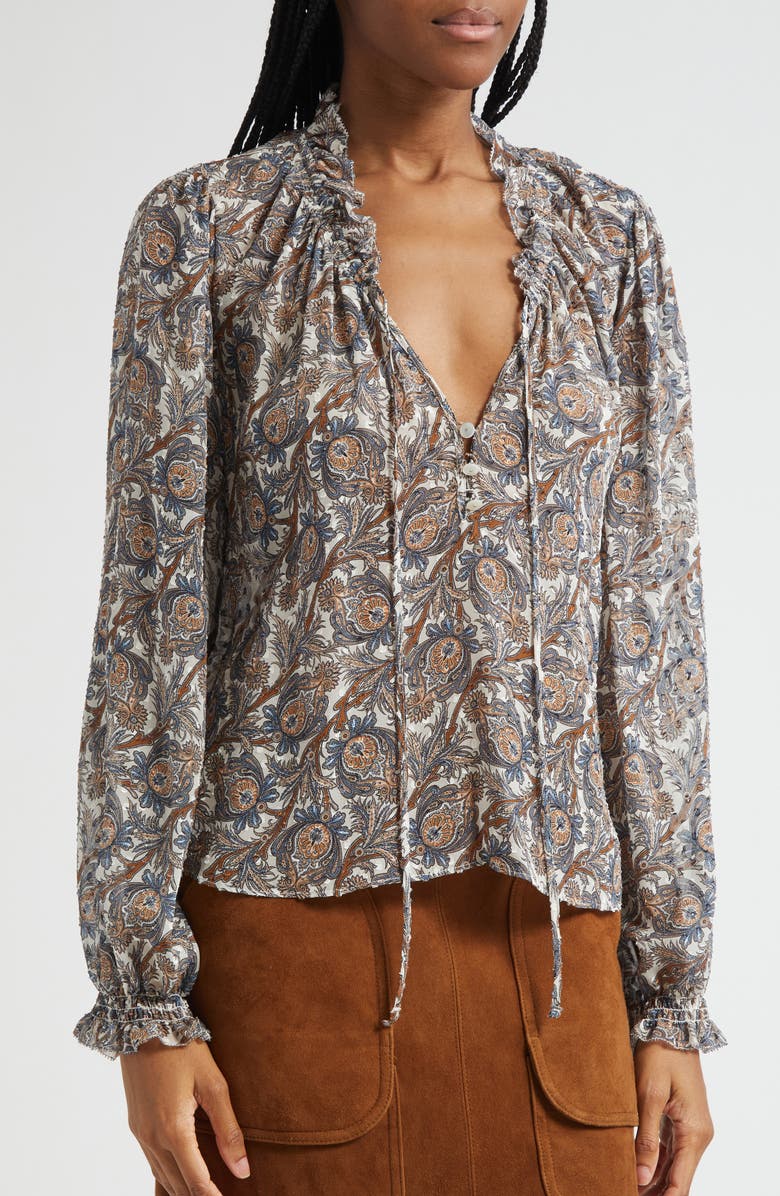 Veronica Beard Hickory Print Tie Neck Silk Blend Shirt, Alternate, color, Dove Multi