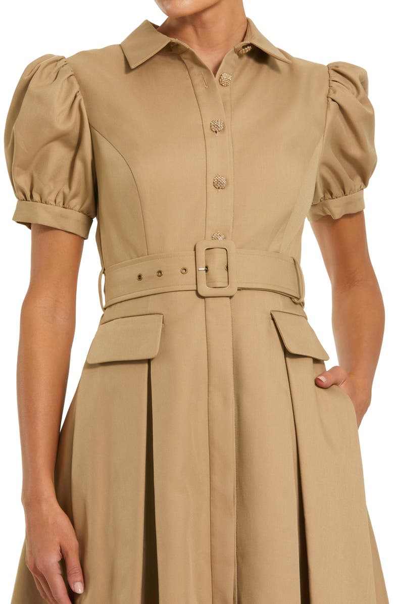 Mac Duggal Puff Sleeve Twill Button Up Midi Dress With Belt, Alternate, color, Taupe