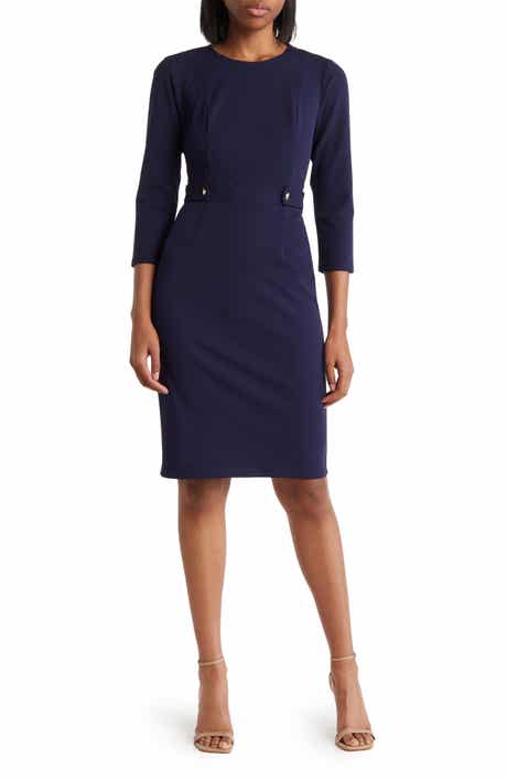 London Times Button Waist 3/4 Sleeve Sheath Dress