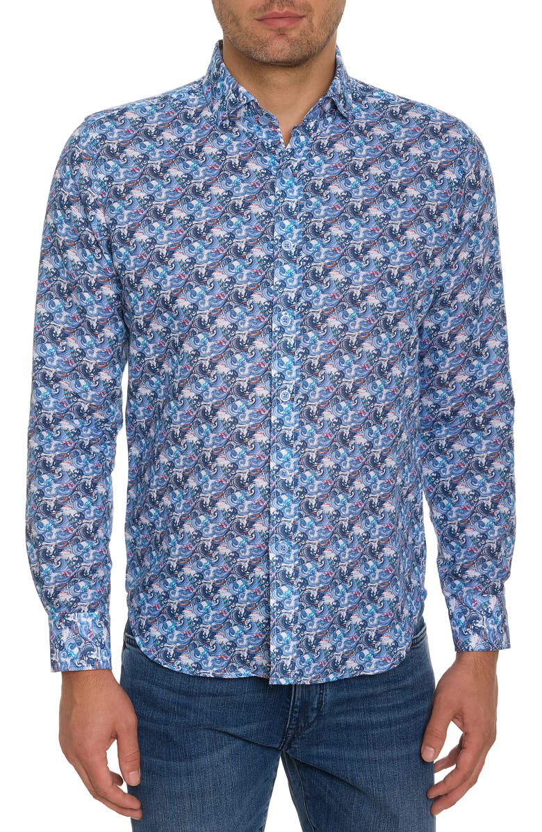 Robert Graham Big Sur Wave Print Linen & Cotton Button-Up Shirt, Main, color, 