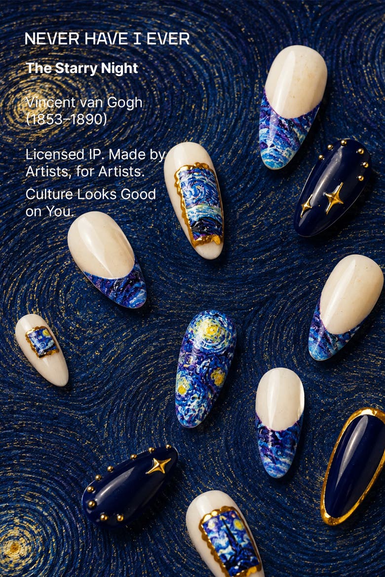 Van Gogh The Starry Night Almond Press On Nails, Alternate, color, Blue