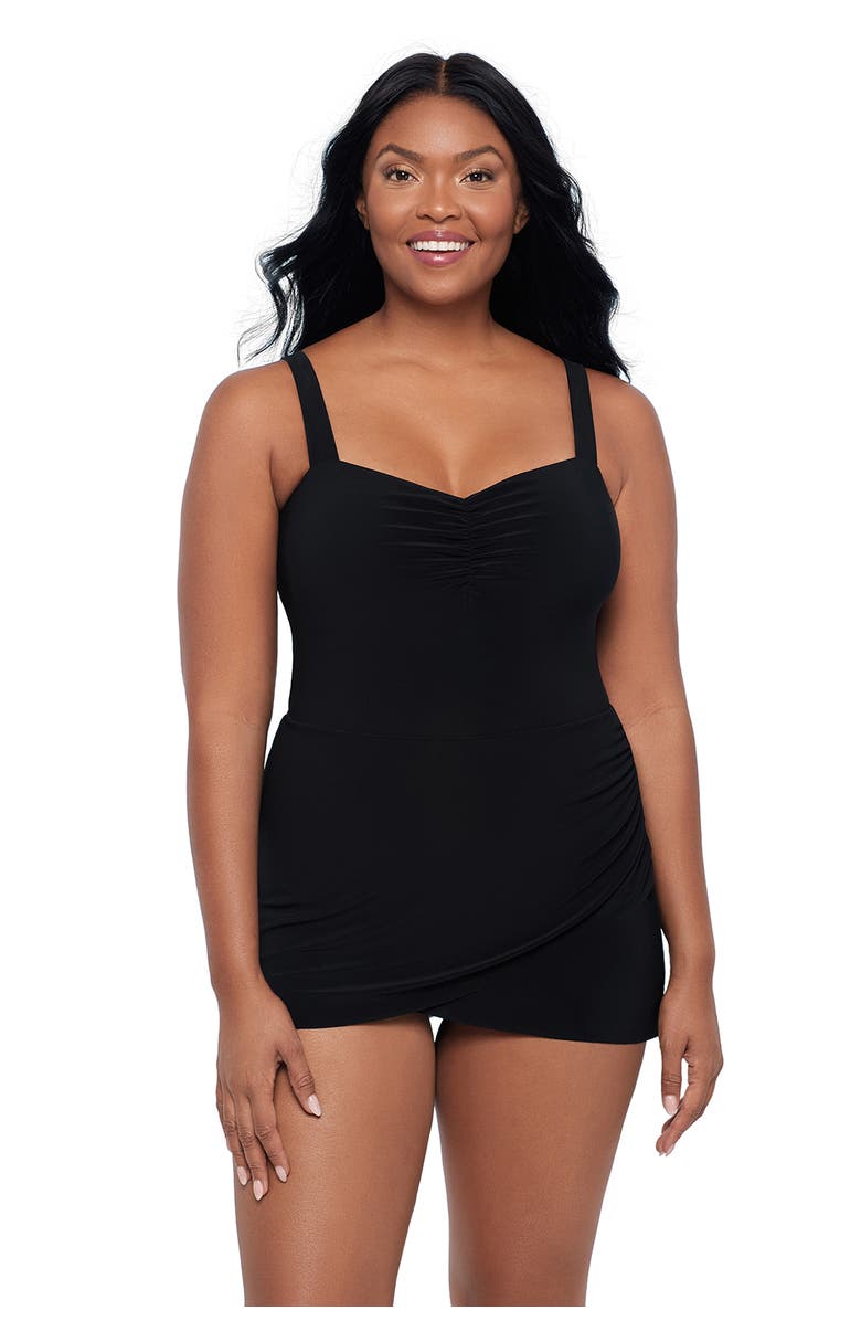 Trimshaper Laura Sweetheart Neckline Control Swimdress, Main, color, Black
