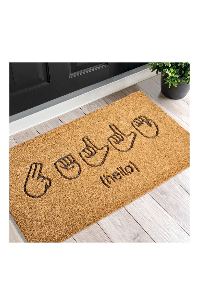 mDesign American Sign Language ASL Hello Coir Doormat, Natural/Black, Alternate, color, Natural