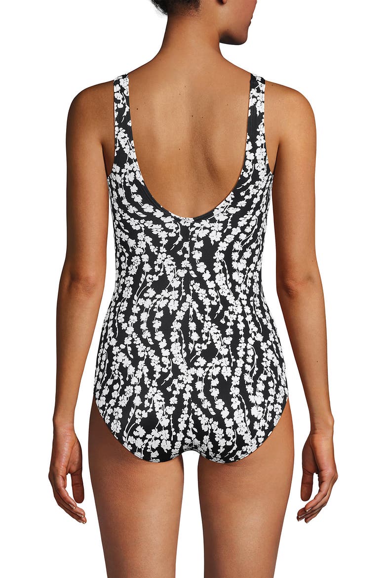 Tugless Low Leg One Piece Swimsuit, Alternate, color, Black/White Vine Floral