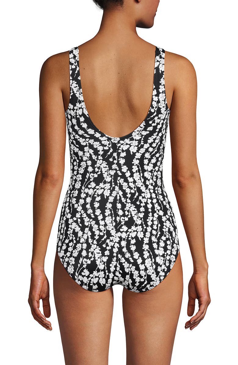 Lands' End D-Cup Chlorine Resistant Scoop Neck Soft Cup Tugless Sporty One Piece Swimsuit Print, Alternate, color, Black/White Vine Floral