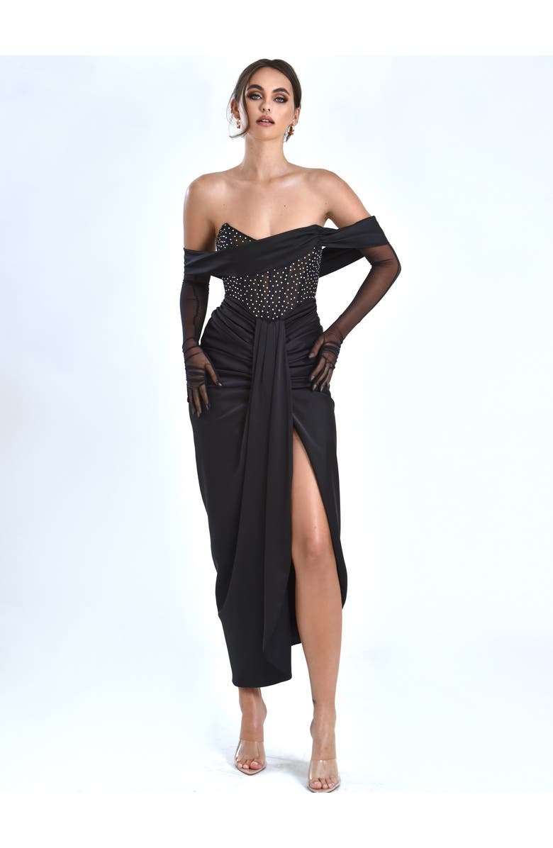 Miss Circle Stella Off Shoulder Crystal Corset Satin Gown, Alternate, color, Black