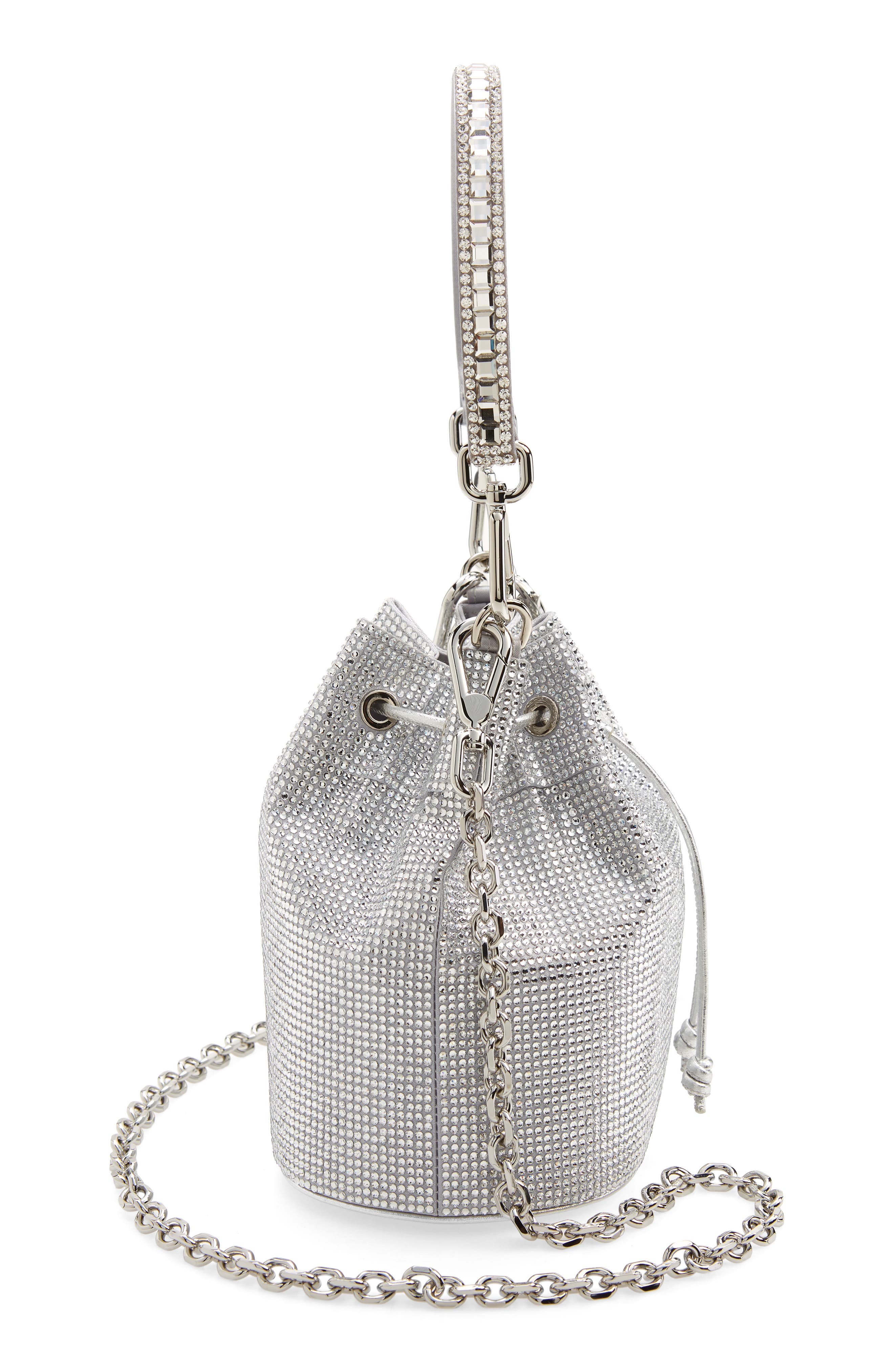 Piper Crystal Embellished Bucket Bag, Alternate, color, SILVER RHINE