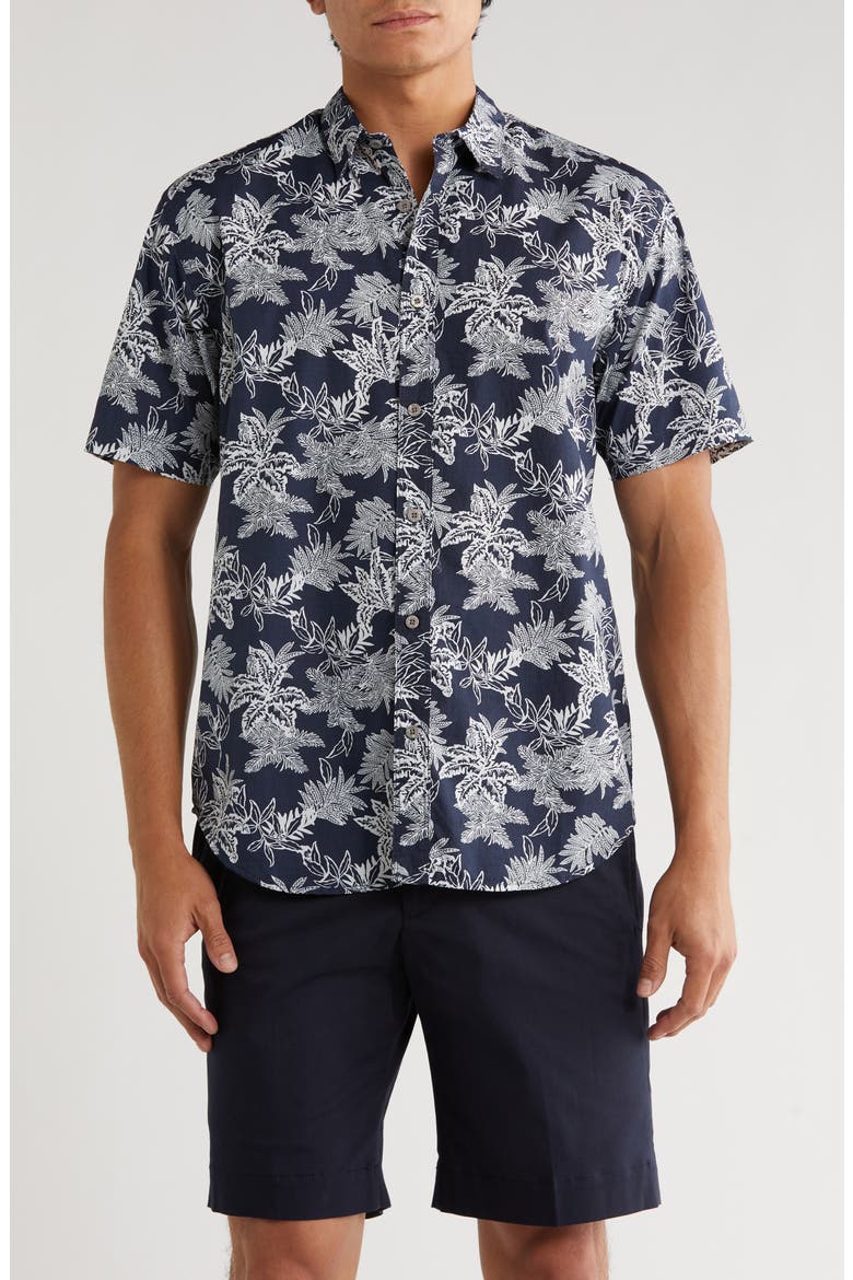 Mavis Leaf Print Short Sleeve Shirt, Main, color, NAVY