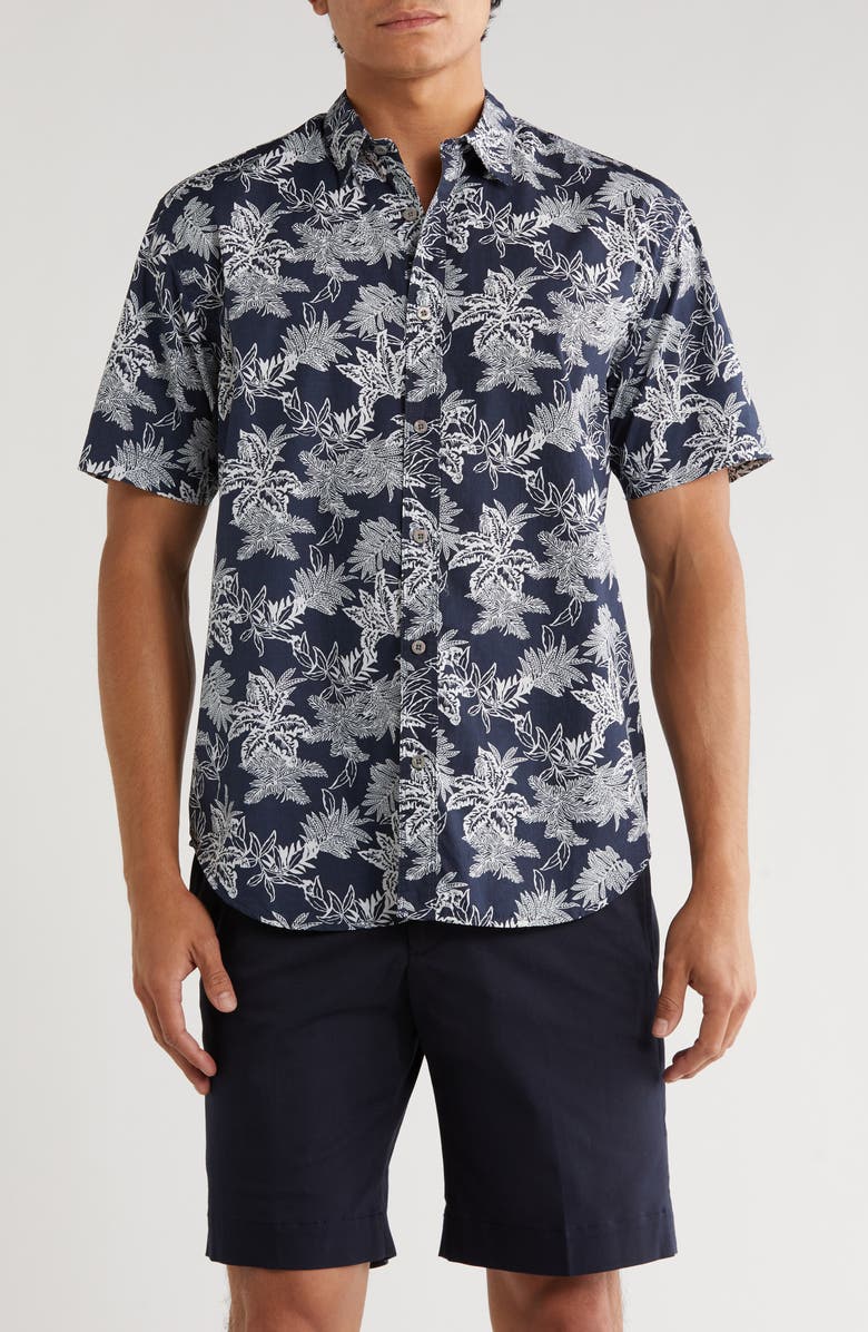 Coastaoro Mavis Leaf Print Short Sleeve Shirt, Main, color, Navy