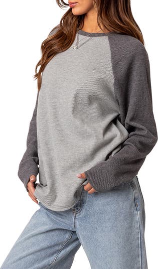 EDIKTED Me Time Oversize Raglan Sleeve Waffle Knit Top