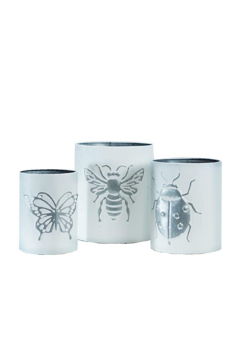Metal 7.68 Inch White Embossed Insect Planters Set of 3, Main, color, White