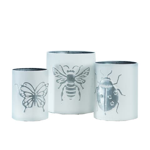 Metal 7.68 Inch White Embossed Insect Planters Set of 3