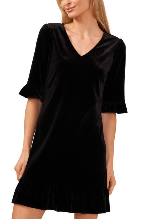 CECE CECE V NECK ELBOW SLEEVE VELVET MINIDRESS 