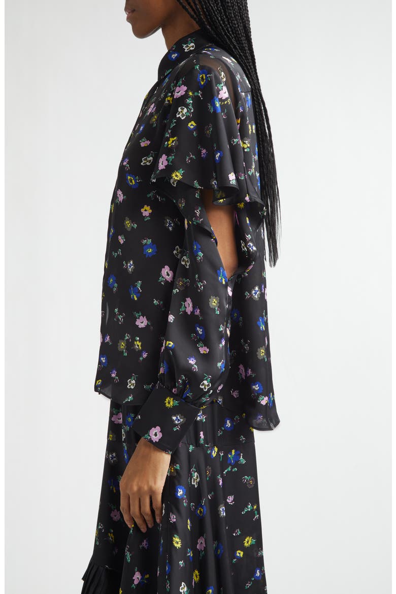 Floral Print Ruffle Button-Up Shirt, Alternate, color, BLACK