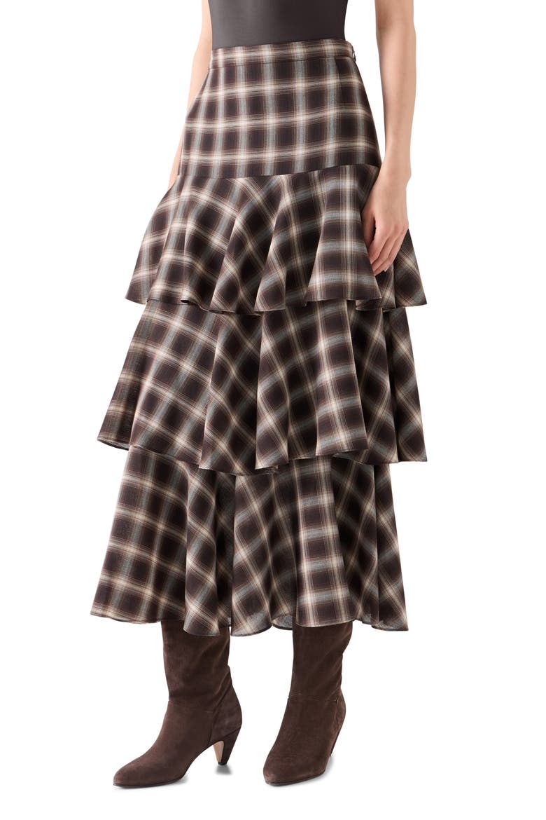 Plaid Ruffle Tier Midi Skirt, Alternate, color, ESPRESSO-CASHEW