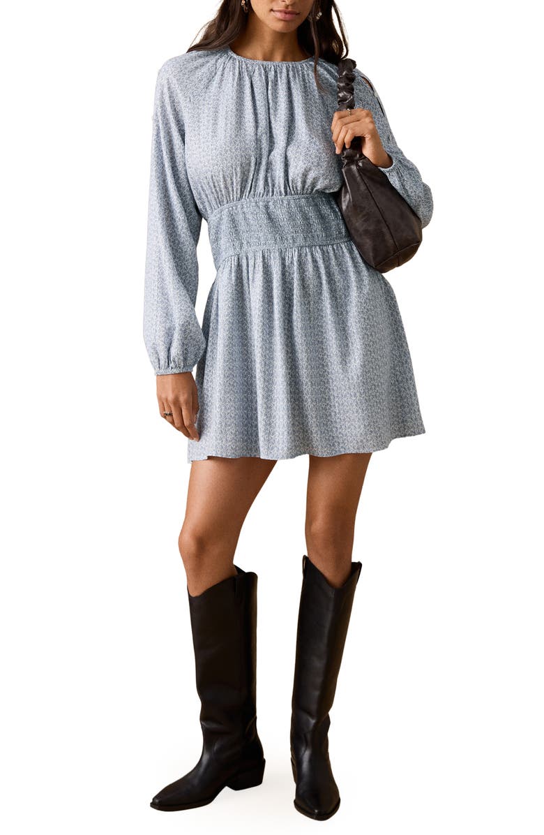 MANGO TEEN Metallic Cutout Long Sleeve Dress, Main, color, Sky Blue