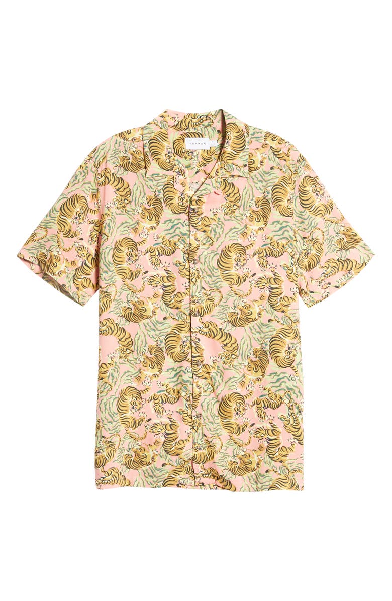 Topman Men's Tiger Print Short Sleeve Button-Up Shirt, Alternate, color, 