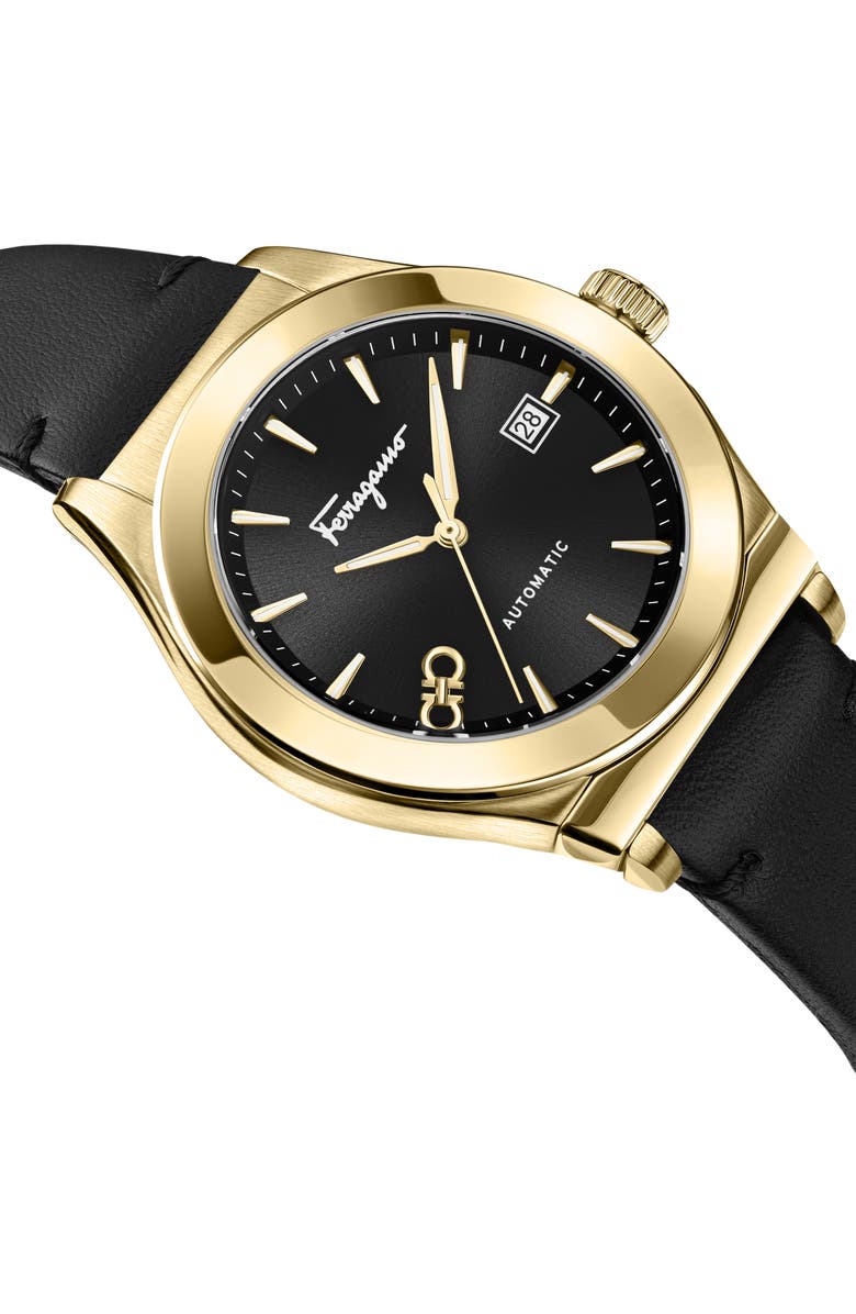 FERRAGAMO 1927 Automatic Leather Strap Watch, 42mm, Alternate, color, Ip Yellow Gold