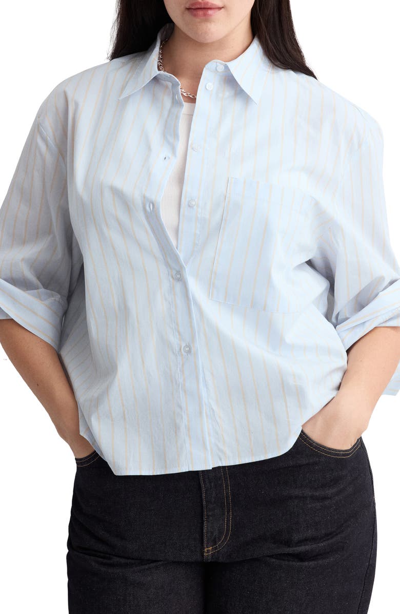 MANGO Stripe Cotton Button-Up Shirt, Alternate, color, Sky Blue