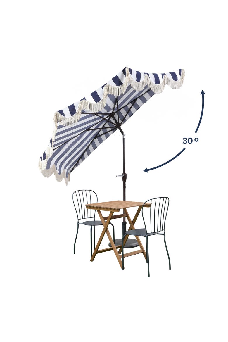Beverly Coastal Half Patio Umbrella, Space-Saving Balcony Shade with Scalloped Fringe, Crank & Manual Tilt, Alternate, color, Navy/White