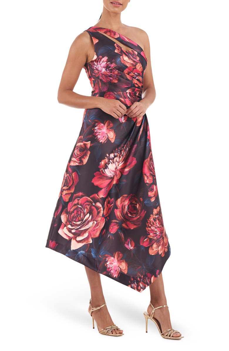 Kay Unger Iris Floral Print One-Shoulder Handkerchief Hem Midi Dress, Alternate, color, Oxblood Multi