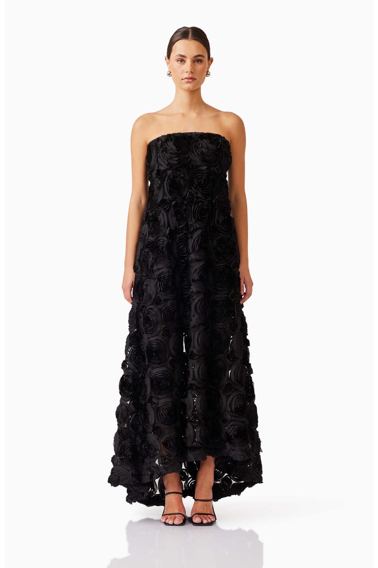 Selena Rosette Strapless Maxi Dress, Alternate, color, BLACK